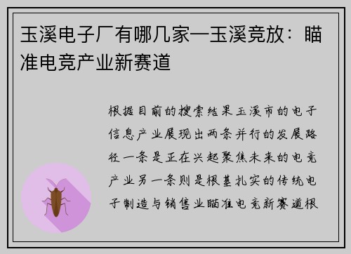 玉溪电子厂有哪几家—玉溪竞放：瞄准电竞产业新赛道
